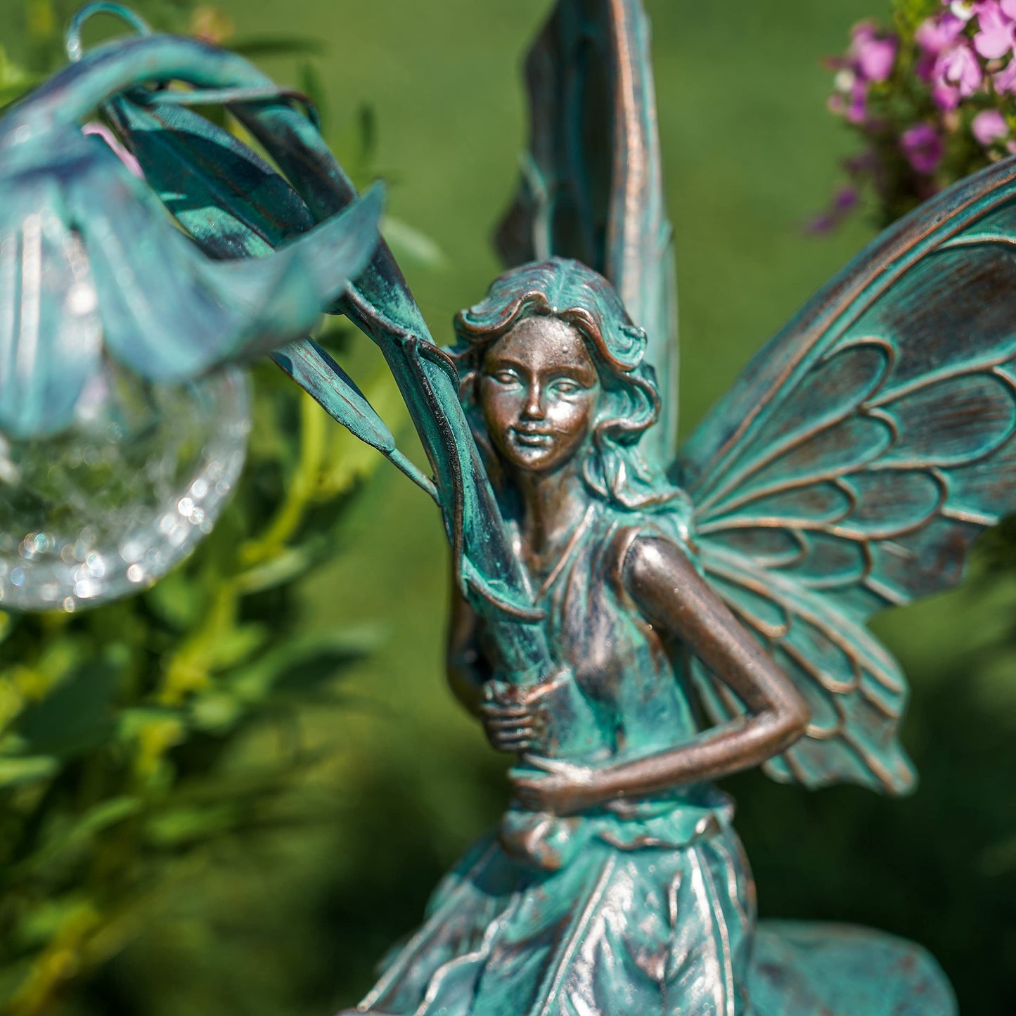 TERESA'S COLLECTIONS Outdoor garden decor, garden statues for outside, 35cm sitting fairies with solar glass ball lighting made of polystone, bronze fairy statue solar fairy.