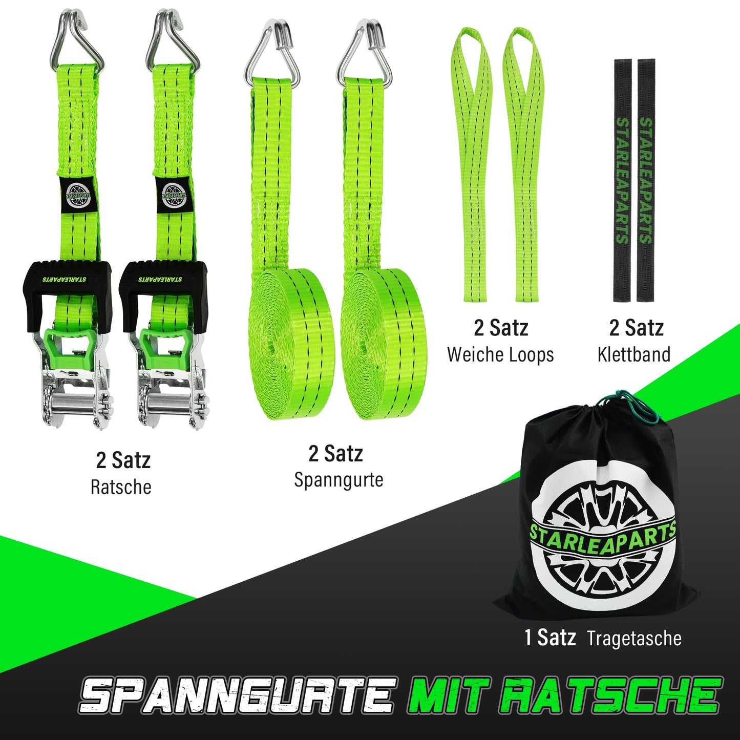 StarLeaparts 2-piece set ratchet tie-down straps, 6m x 35mm. Professional two-piece wheel straps, rated up to 2000kg. Ratcheting straps for car transport vehicle wheel security, Green.