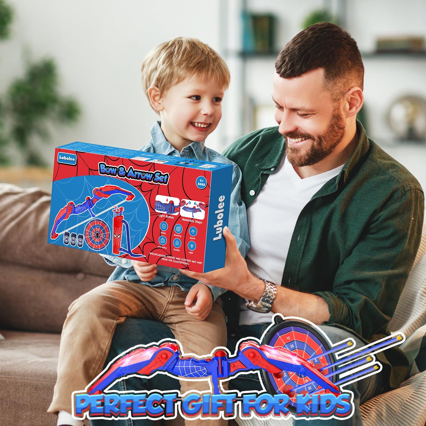 Lubolee LED lighted bow and arrow kids set, outdoor toy for boys aged 3-12, includes bow, quiver, 10 arrows, hanging target, and 3 foam targets.