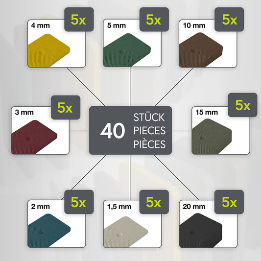 INNONEXXT® Premium Shim Plates | 60 x 40 mm, 40 pcs mix | Spacers, plastic shims, leveling blocks, distance spacers | Load capacity up to 16 t | Set of 1.5, 2, 3, 4, 5, 10, 15, 20 mm