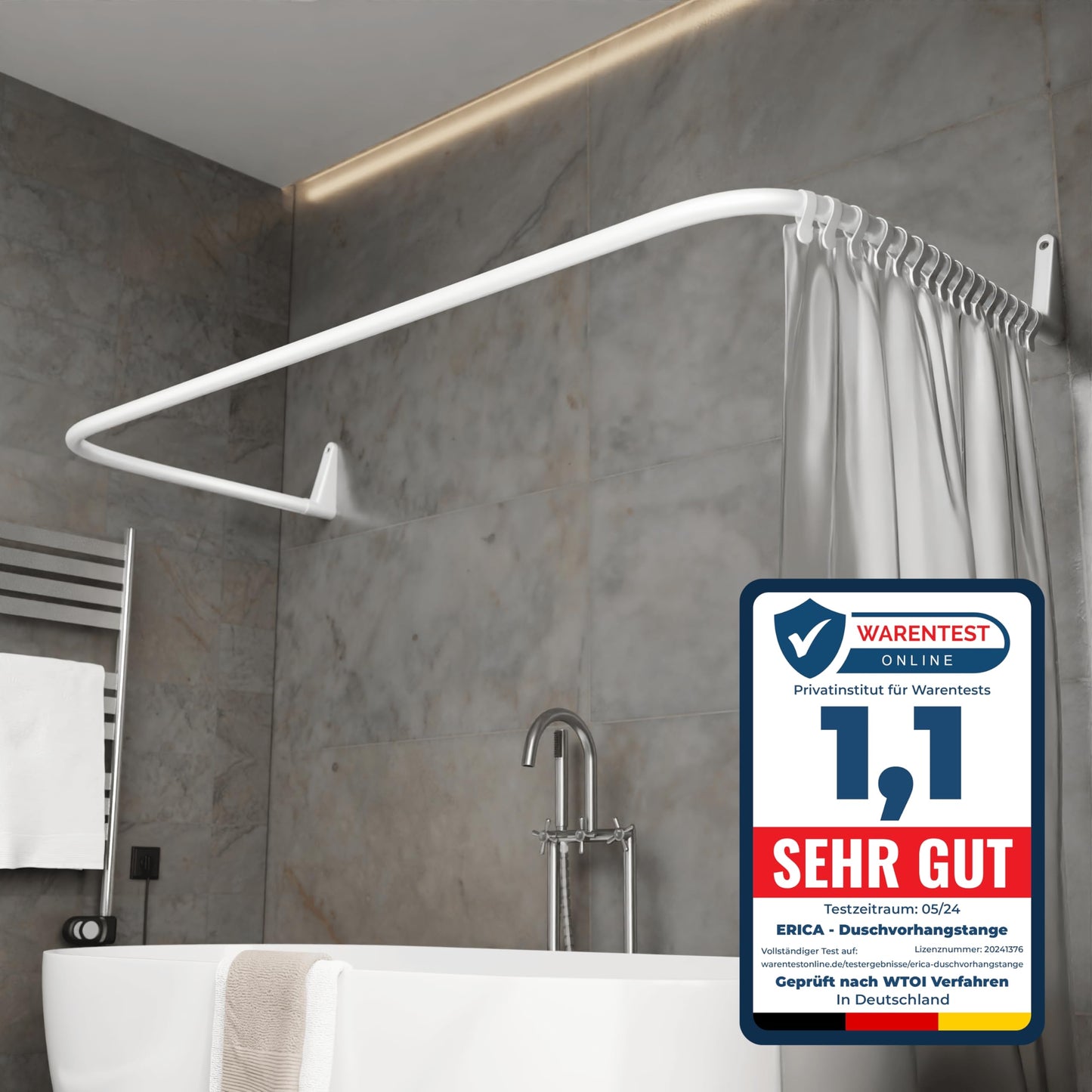 Erica Shower Curtain Rod L-shaped & U-shaped - 4-in-1 shower curtain rod for bathtub or shower - Corner shower rod - Steel with powder coating - Without ceiling mounting - White