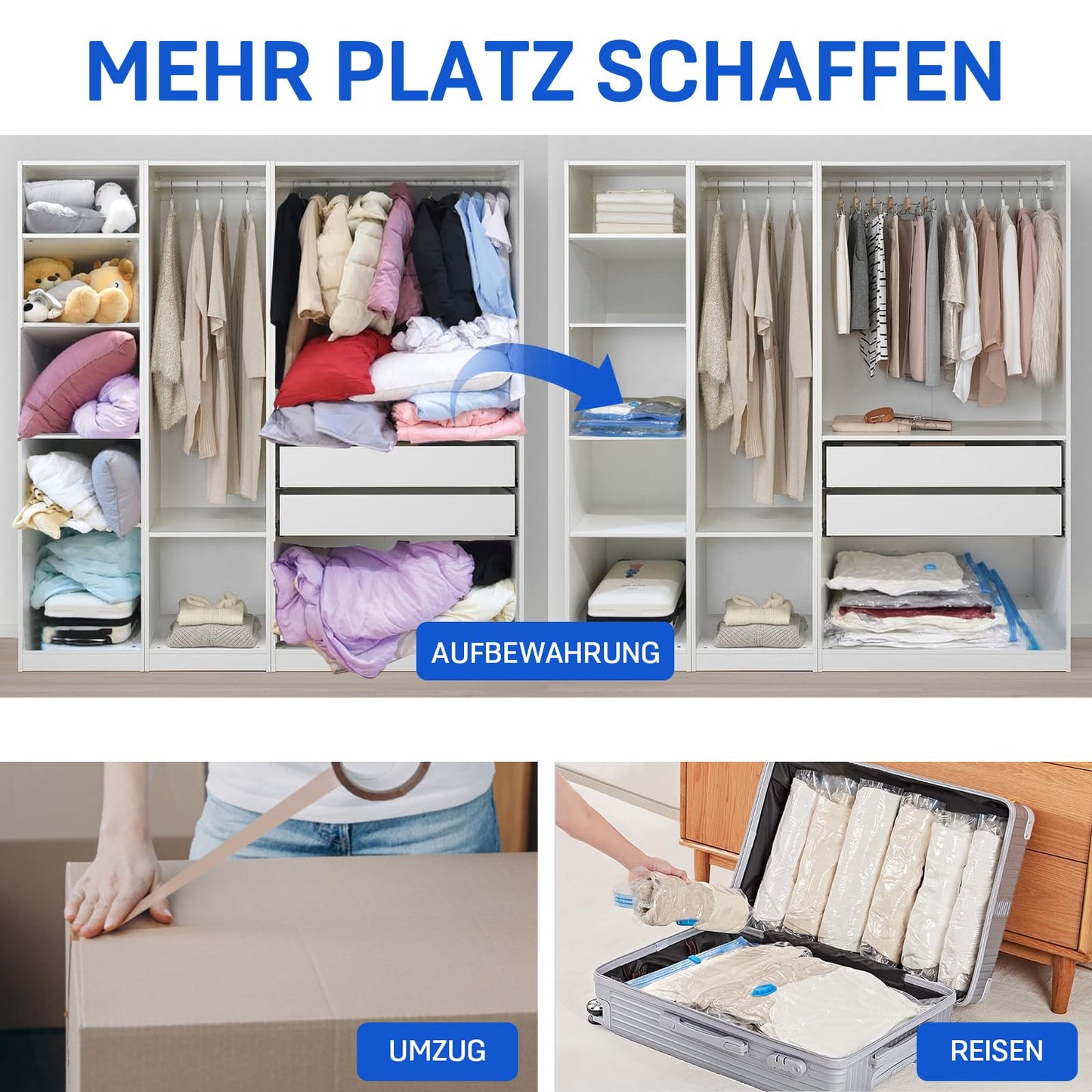 Vacuum bags for clothing comforters 12 pieces, CaptainFive Vacuum Storage Bags 3 sizes (4 * 100x80cm + 4 * 80x61cm + 4 * 60x41cm) Vacuum Compression Bags Storage Bags Travel with Vacuum Cleaner Hand Pump