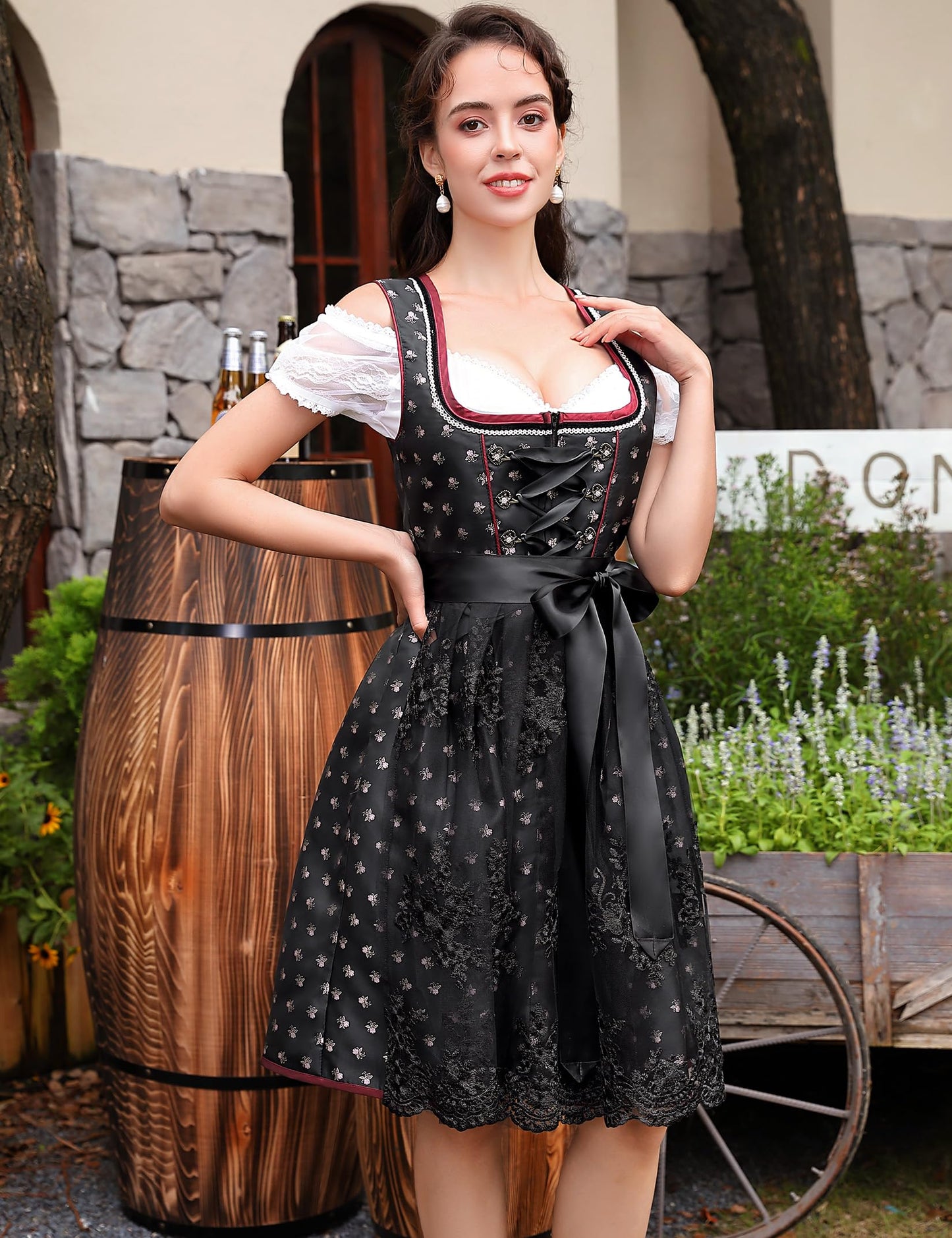 Clearlove dirndl women midi elegant short dirndl dress 3-piece set including dirndl dress, dirndl apron, and dirndl blouse for Oktoberfest (A-Black, 34).