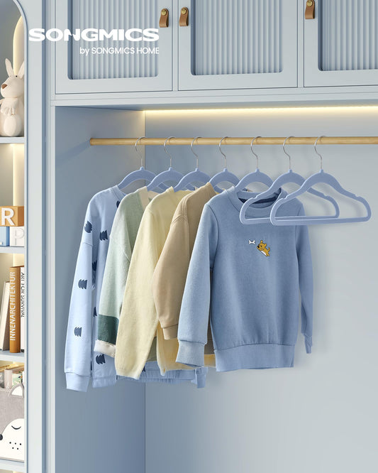SONGMICS Children's Hangers, Set of 50 Kids Hangers, Baby Hangers, Velvet Hangers, 360° Rotating Hook in Silver, Space-saving, Non-slip, for Wardrobe, Pale Blue CRF027Q05