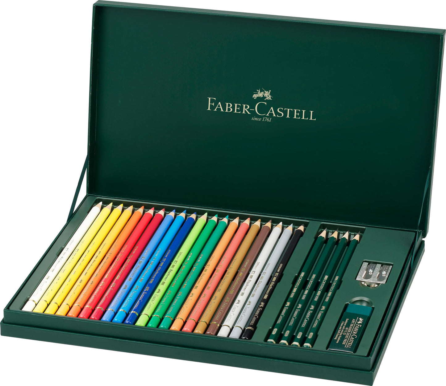 Faber-Castell 210051 Polychromos Colored Pencils, 20-piece set in an elegant gift box. Vibrant colors with thick 3.8mm leads. Includes 2 9000 pencils, eraser, and sharpener.