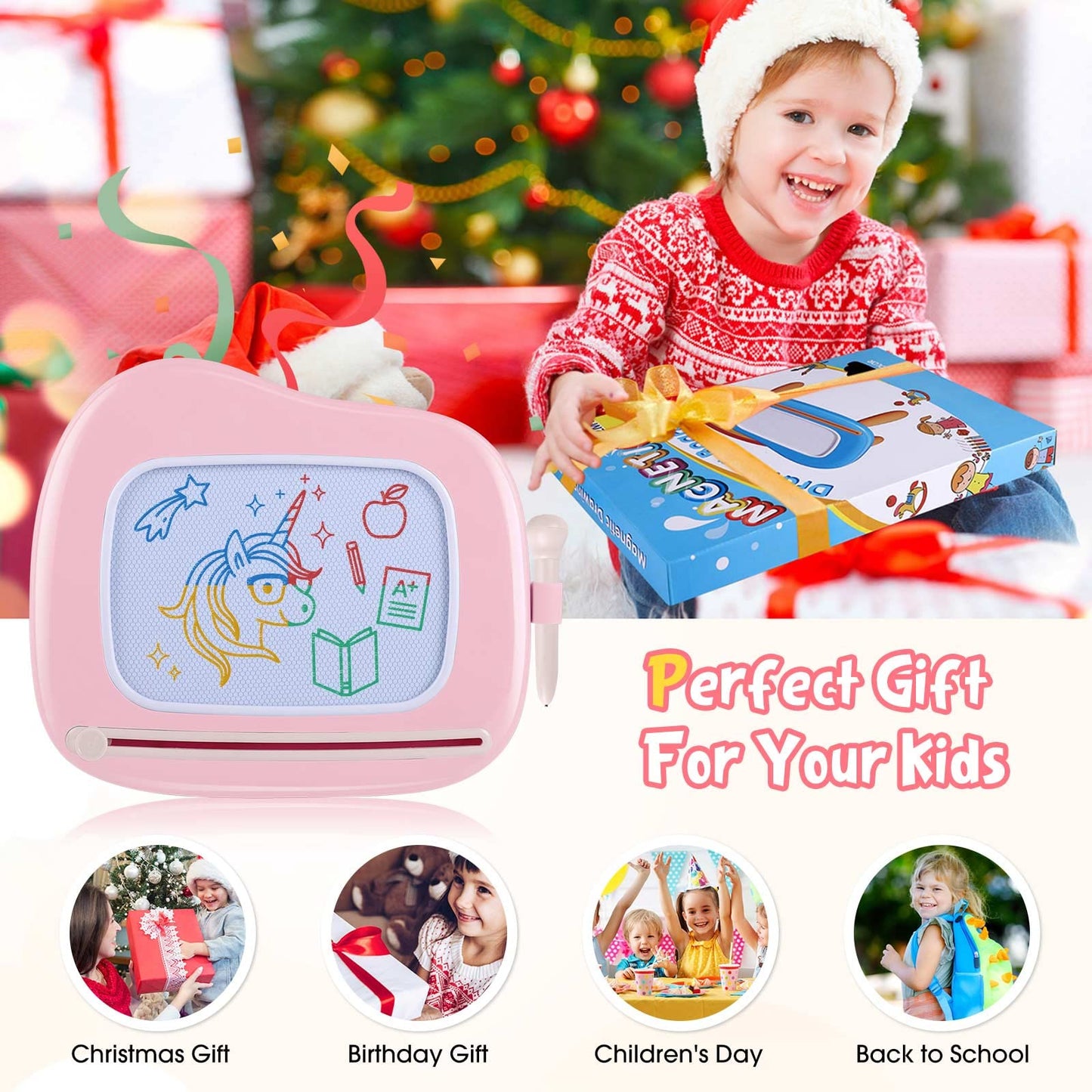Smasiagon kids' toy for ages 1 and up, magnetic drawing board in colorful design with 4 legs, perfect gift for 1 2 3 year old girls and boys (pink)