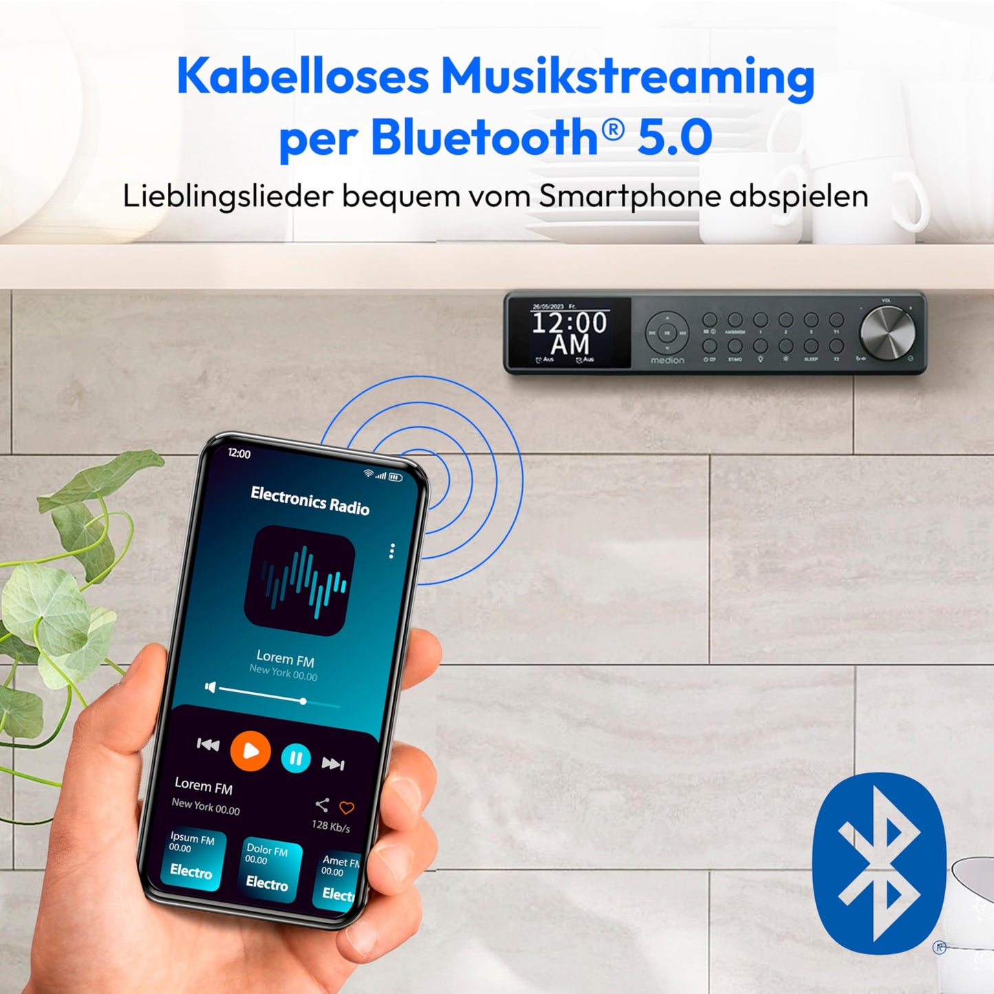 MEDION P66750 Kitchen Under-Cabinet Radio (DAB+ kitchen radio, PLL FM radio, dimmable TFT color display, cooking timer, Bluetooth, LED strip, including mounting material) gray