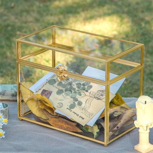 NCYP 25x14.2x19.6 cm Gold Glass Card Box, Handcrafted Brass Vintage Rectangular Shape with Base for Wedding Entries, Souvenirs, Tabletop Display (glass box only)