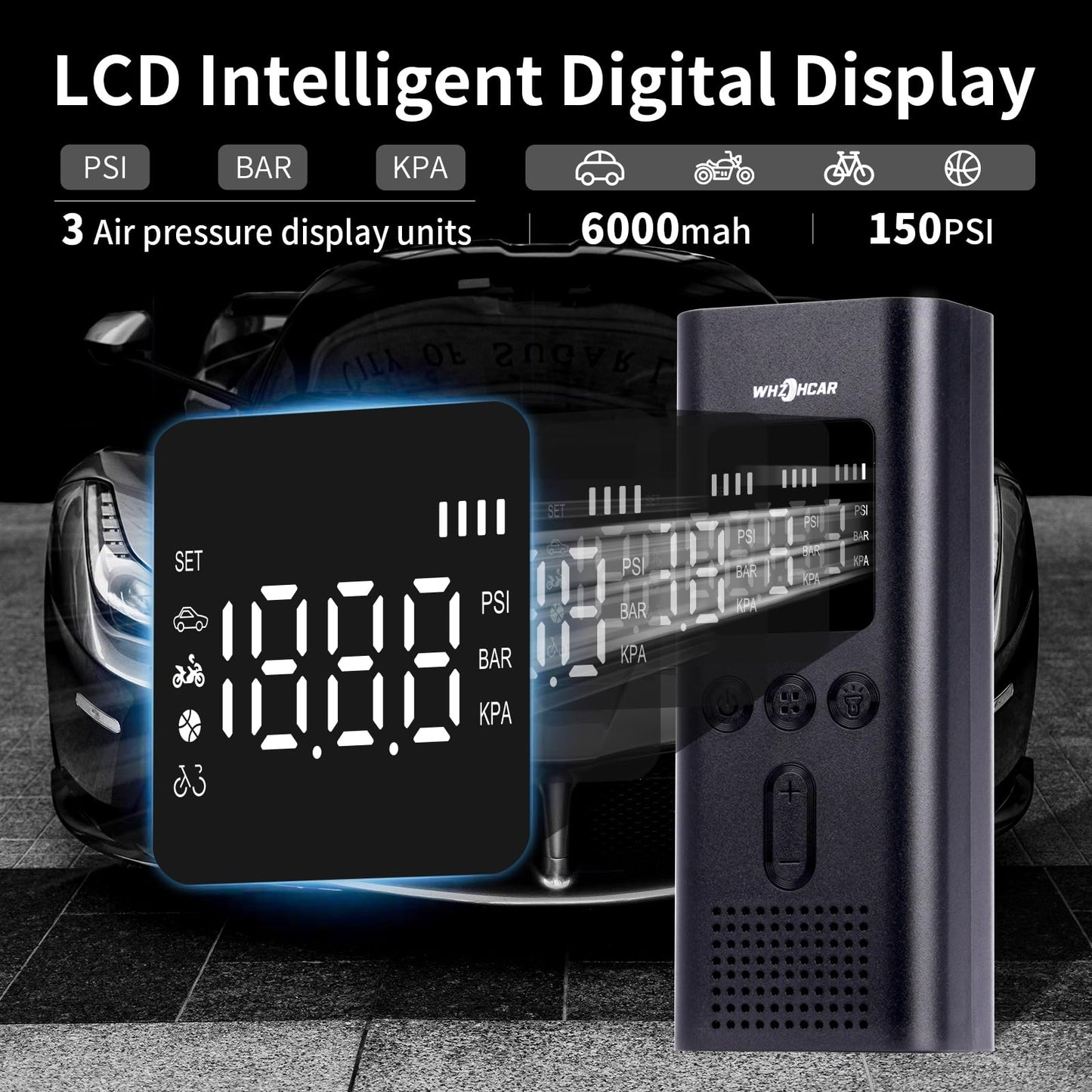 Electric air pump 6000mAh Rechargeable car tire pump 150PSI Electric air pump Electric compressor with LCD screen LED light for bicycles, motorcycles, cars & balls, AutoOff