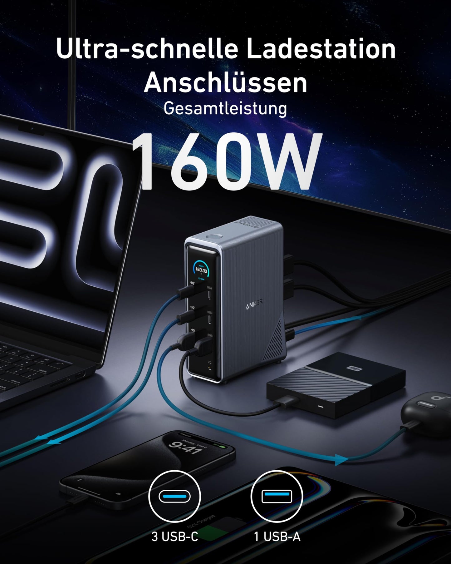 Anchor Prime docking station, 14-port with 160W max power, 10Gbit/s fast data transfer, real-time smart interface, audio and Ethernet ports, dual 4K displays for Dell, MacBook, and more.