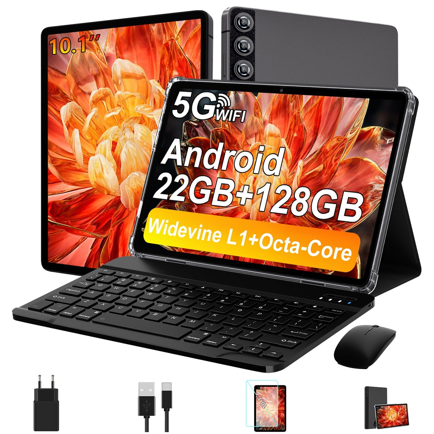 ZIOVO 10-inch Android 14 tablet with 2GB RAM+128GB ROM(1TB TF), Widevine L1, 5G WiFi, Octa-Core 2.0GHz, 8000mAh, 5+8MP cameras, BT 5.0, AGPS, metal casing. Comes with keyboard and mouse - Grey.