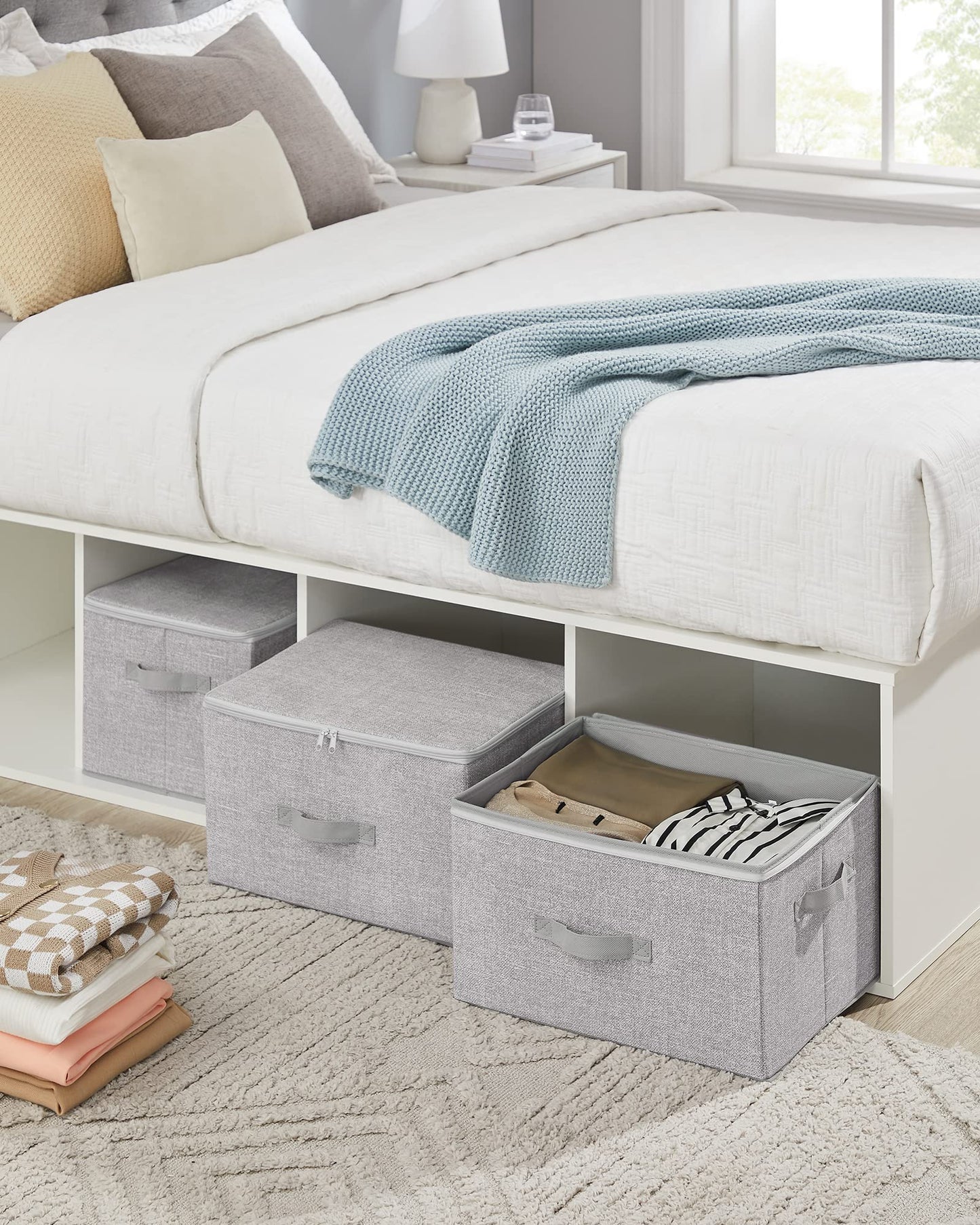 SONGMICS Storage Box with Lid, 3-Pack, Foldable Fabric Box with Handles, Storage for Clothes, 40 x 30 x 25 cm, Non-woven Fabric, Dove Grey RZB003W01