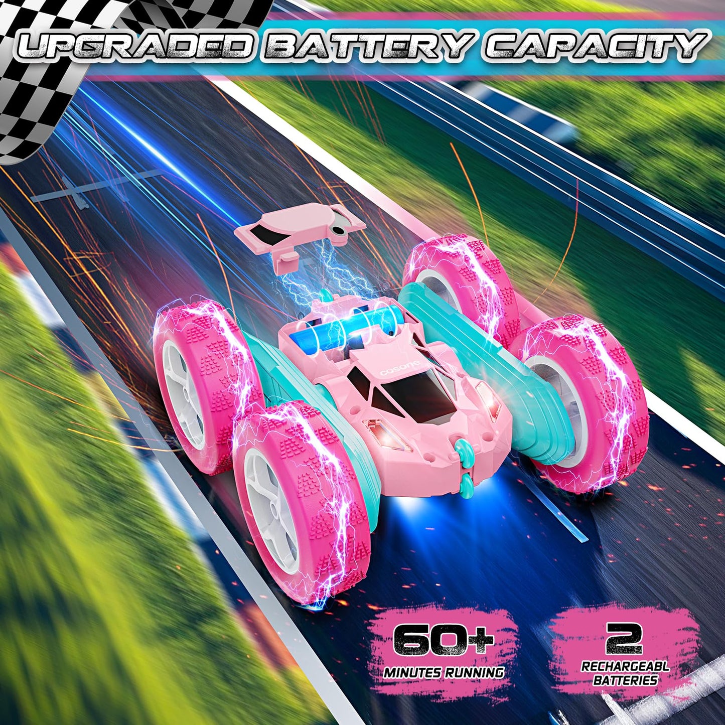 Cosone Remote Control Car for Girls, All-wheel Off-road Stunt RC Car with Headlights, Double-sided 360° Rotating Toy, Gifts for Kids 6+ (Pink)
