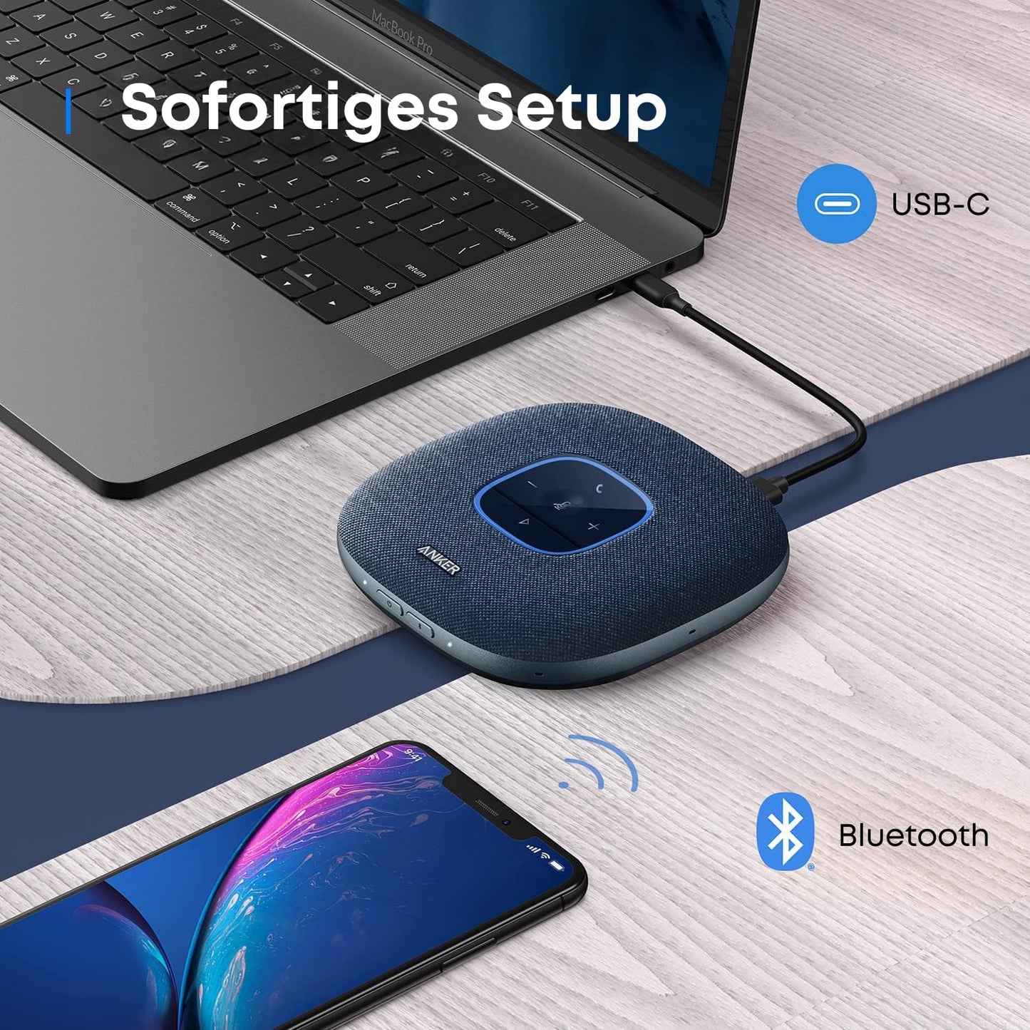 Anchor PowerConf S3 Bluetooth speakerphone features 6 mics, improved voice pickup, 24-hour call time, app control, Bluetooth 5, USB C, and compatibility with popular platforms. Ideal for home offices.