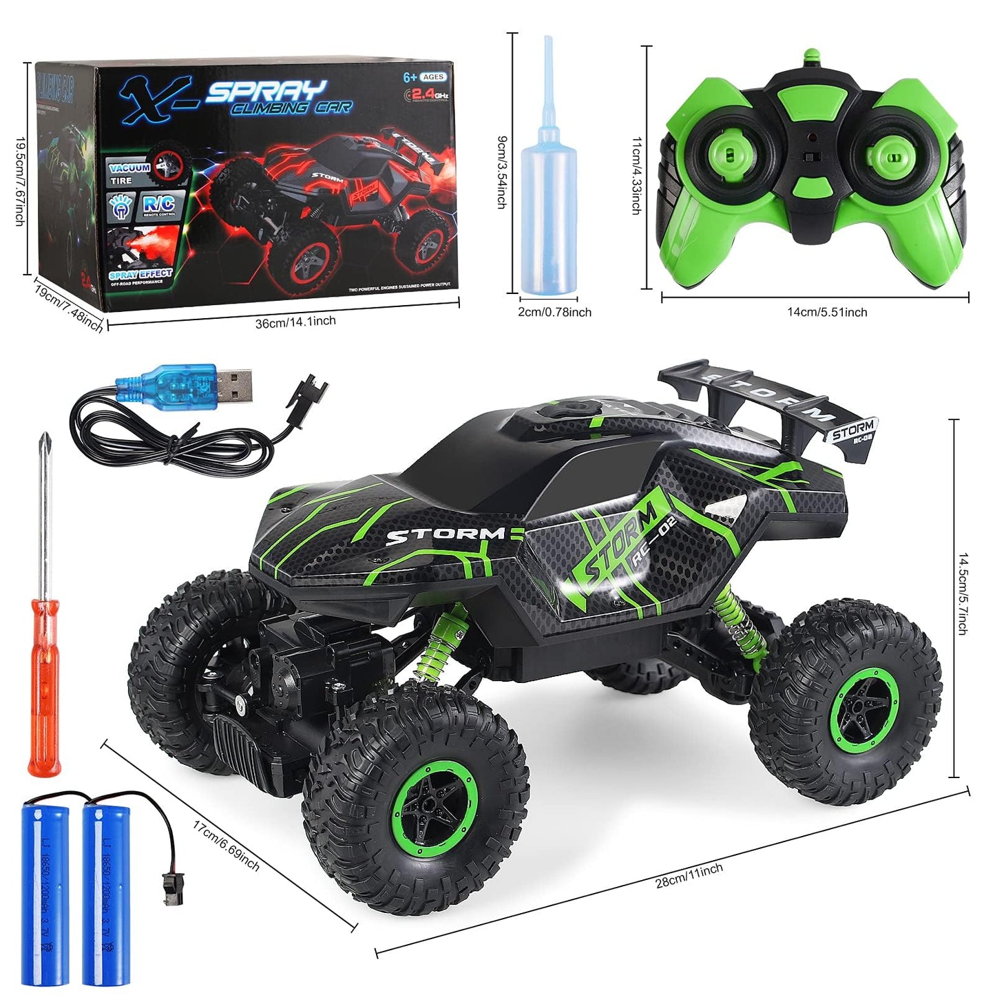 Herefun Remote Control Car, 2.4GHz Offroad RC Car, 4WD Remote Control Monster Truck with LED Light + Spray, Rechargeable High Speed RC Truck, Kids' Off-Road Car for ages 4 to 10 years old.