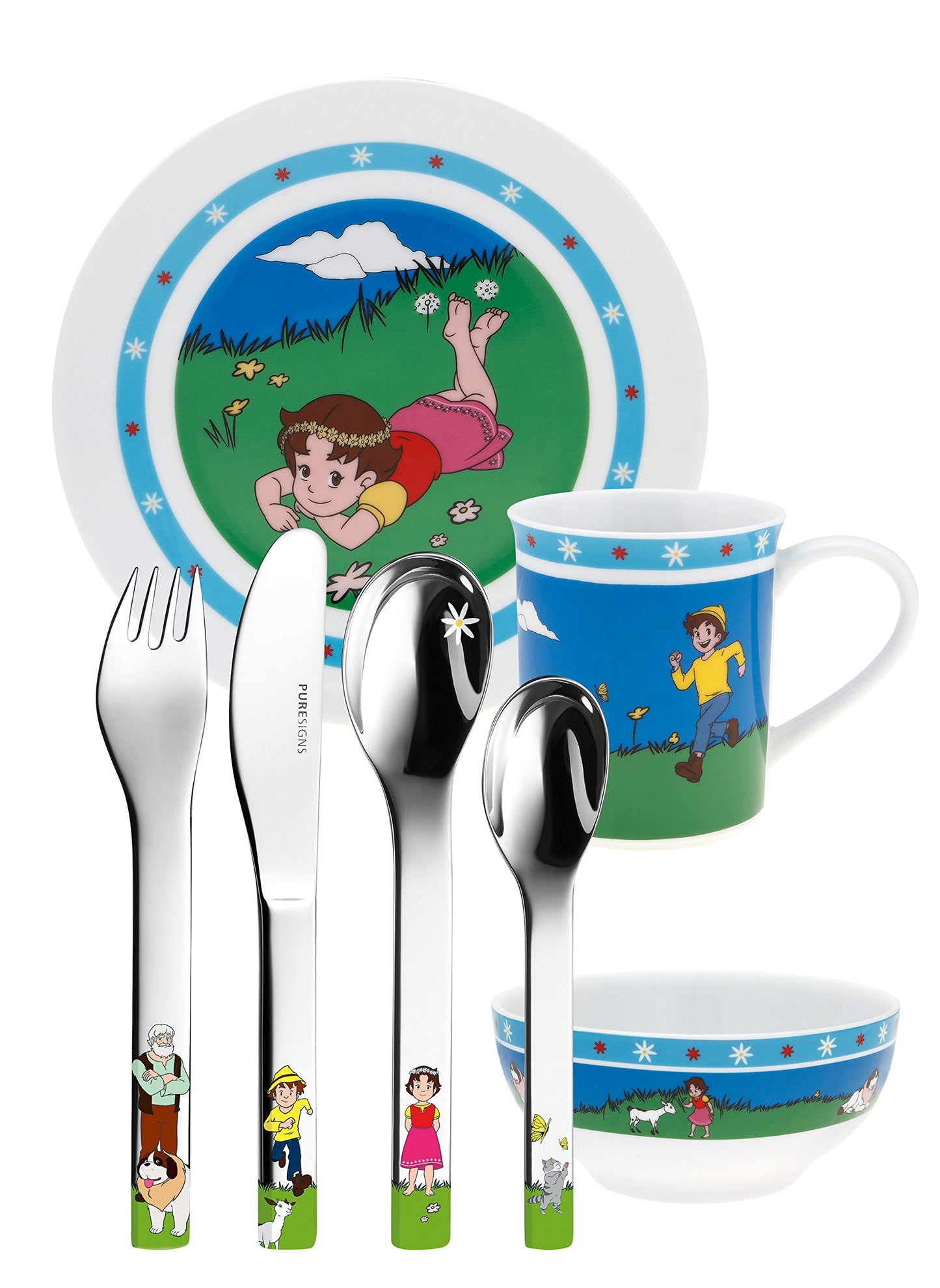 Puresigns ONE Heidi children's dinnerware porcelain kids cutlery stainless steel polished silver 7-piece