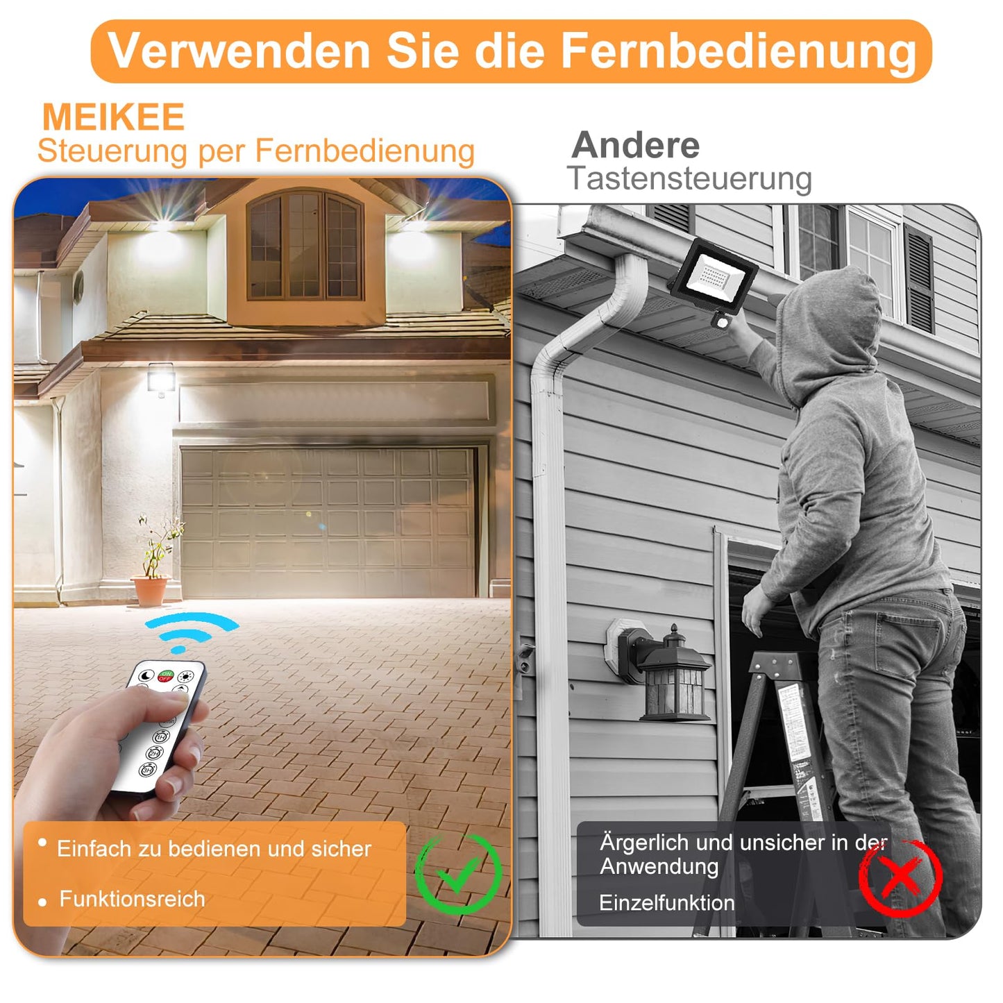 MEIKEE 60W LED floodlight with motion sensor, remote control, 5200LM super bright 6500K daylight white LED spotlight. IP66 waterproof with adjustable brightness and timing function. Perfect for garden, garage, yard.
