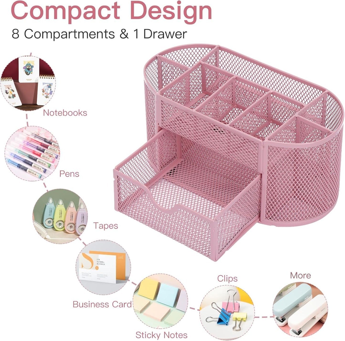 DHGKVK Desk Organizer, desk pen holder, Mesh Metal Desktop Office Organizer with 8 pen holders and 1 drawer, saves space at home, school, or office. (Pink)