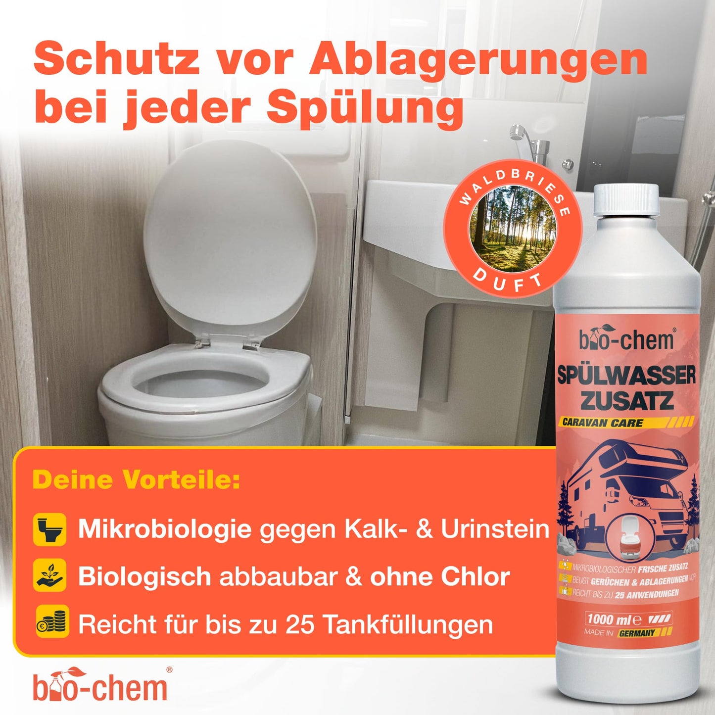 Bio-chem camping toilet additives: Microbiological sanitation liquid 1L + flushing water additive 1L including dosing cup - Sanitation additive for camping toilet, portable toilet, chemical toilet - Made in GER.