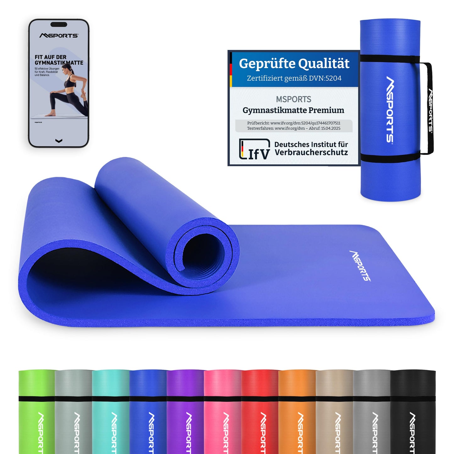 MSPORTS Gymnastics Mat Premium incl. carrying strap + exercise poster + workout app I skin-friendly fitness mat 190 x 60 x 1.0 cm - royal blue - phthalate-free yoga mat