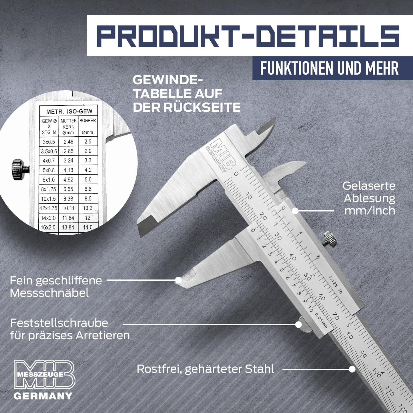 MIB Vernier caliper with locking screw DIN 862 150mm | Stainless steel caliper | Analog caliper | Vernier caliper with matt chrome finish | Precision measuring instrument for 4-way measurement | Measuring tool