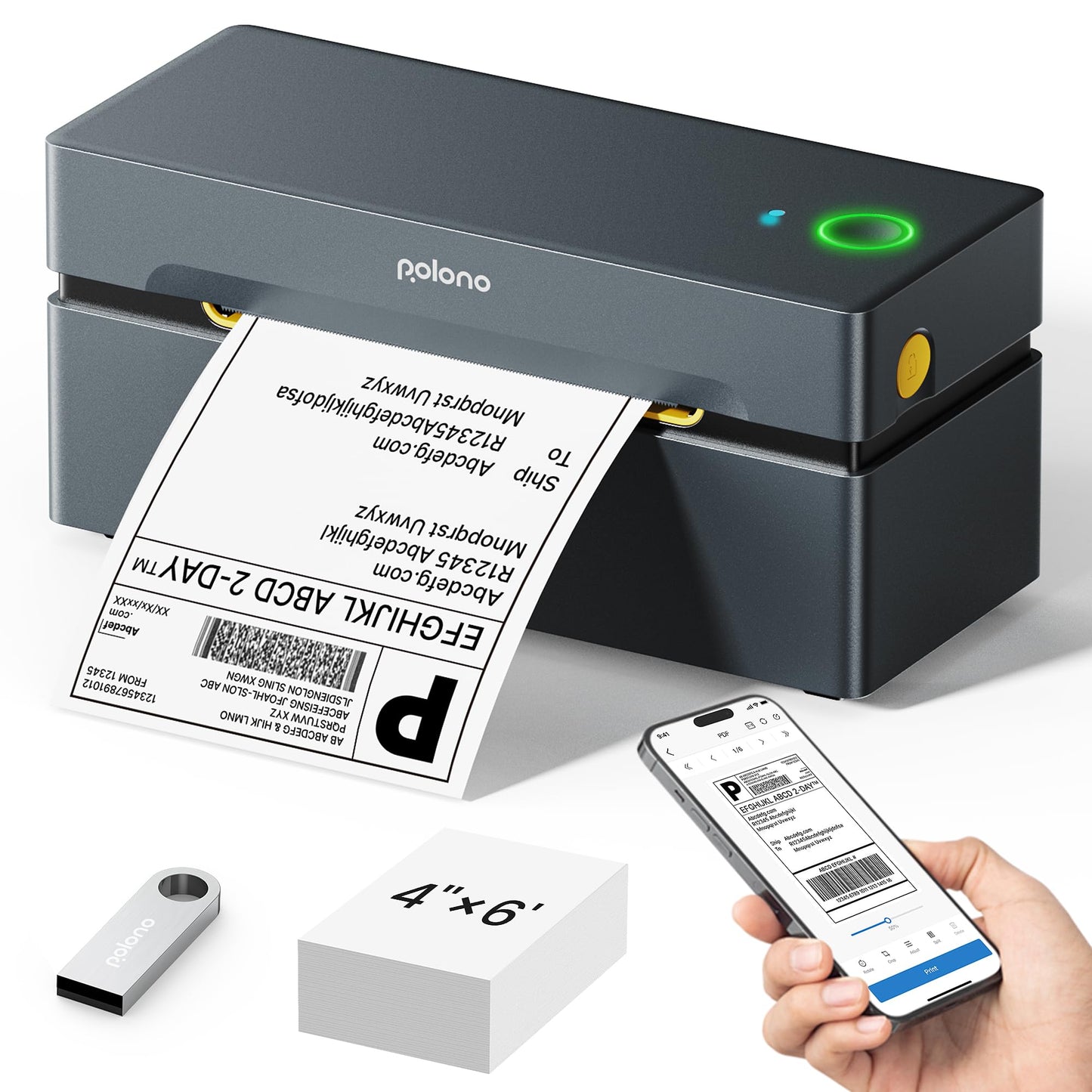 POLONO Bluetooth label printer, labeling device 4x6 DHL label printer, label printer for iOS, Android, Windows, and Mac, compatible with Amazon, eBay, Shopify, Etsy, USPS (Grey)