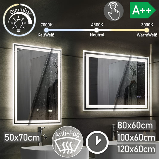 Aquamarin® LED Bathroom Mirror - 120x60 cm, Fog-free, Dimmable, Energy-saving, Digital Clock/Date, 3000-7000K - Bathroom mirror, LED mirror, light mirror, wall mirror for bathroom
