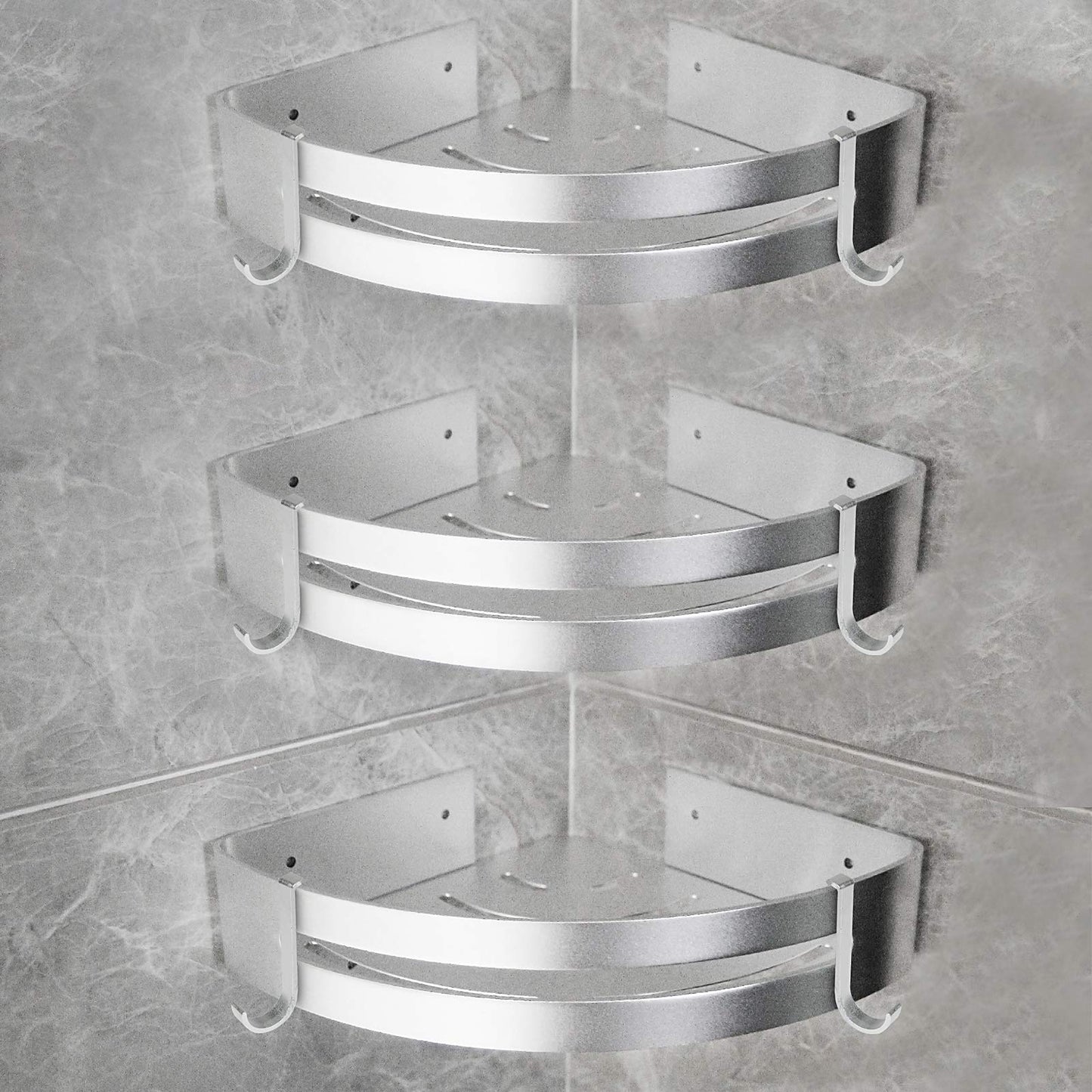 Yorbay shower shelf without drilling with mounting material, shower corner shelf without drilling, triangle bathroom shelf made of aluminum with hooks, bathroom shelf 3 piece set.