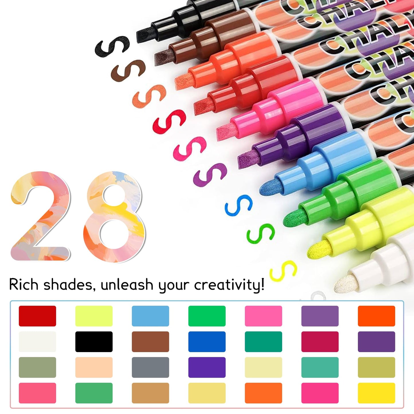 SUPERSUN 28 chalk markers for chalkboard Washable & kids chalk marker window 6mm with reversible tip, Ideal for chalkboard markers, window markers & chalk marker window.