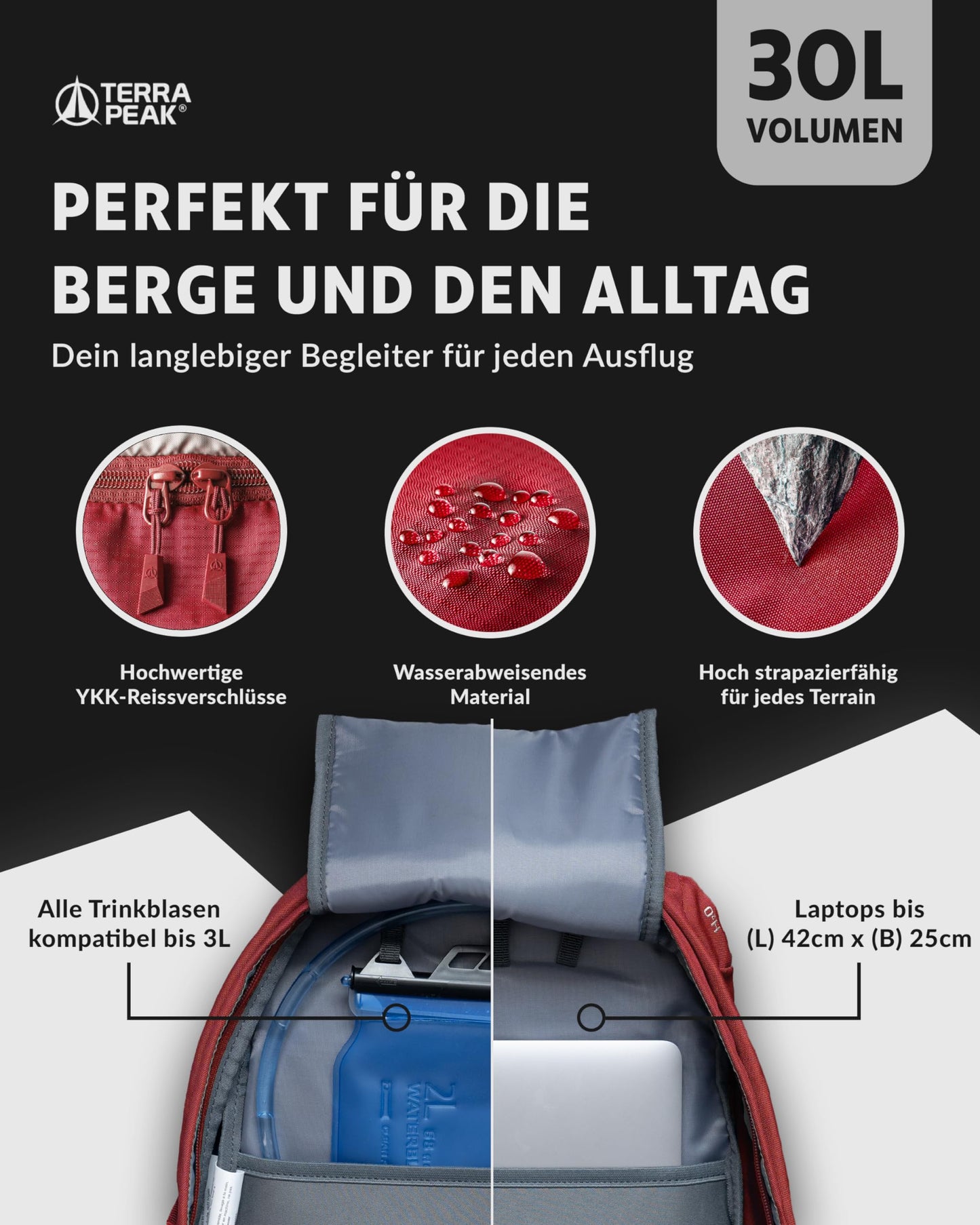 Terra Peak Hiking Backpack 30L Flex 30 Men Women red - Outdoor daypack for hiking - Lightweight waterproof daypack for sports activities - Ergonomic backpack with removable hip belt Adults
