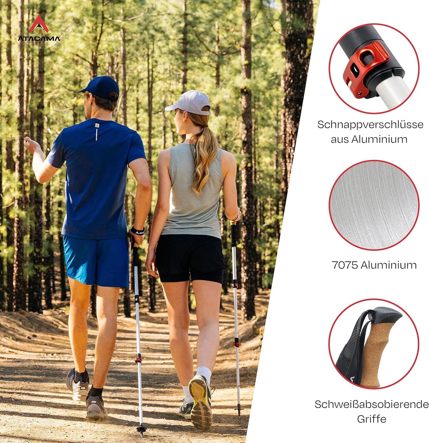 ATACAMA telescopic aluminum hiking poles - Nordic walking poles for men and women - Adjustable rubber tips - Lightweight trekking poles adjustable hiking poles.