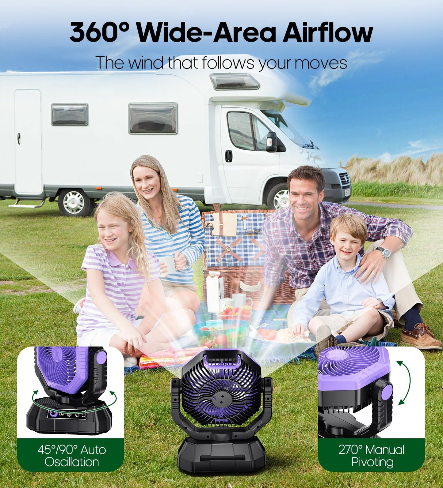 VTHW Camping Fan, 20000mAh Rechargeable Fan with LED Light & Hook, 270° Rotation, Stepless Speed, Timer Mode, USB Desk Fan for Indoor Outdoor (Purple)
