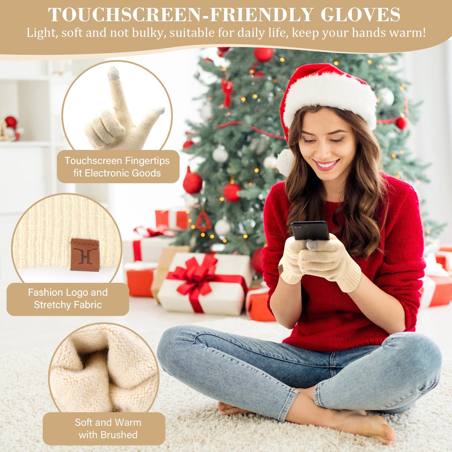 Comfortable charging women's winter warm beanie hat touchscreen gloves long scarf set with fleece lining, thermal winter hat pom pom beanies scarves winter gloves women's gift, apricot