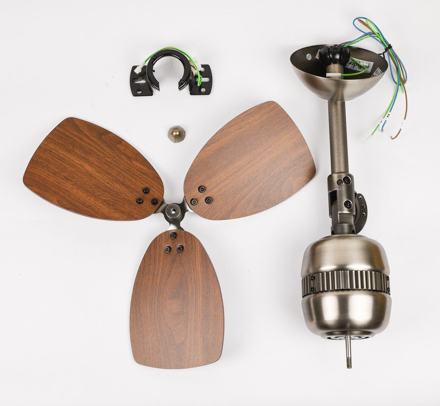 Innovative ceiling fan Toledo with wall switch, antique brass, walnut blades.