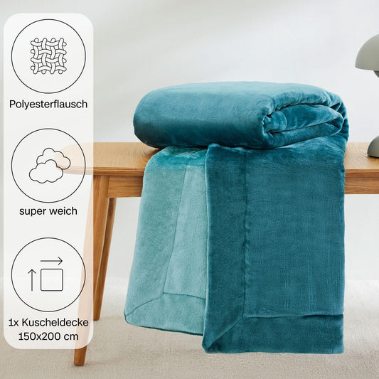 s.Oliver Doublesoft cuddly blanket 150x200 - super cuddly & warm, polyester plush blanket Petrol blue