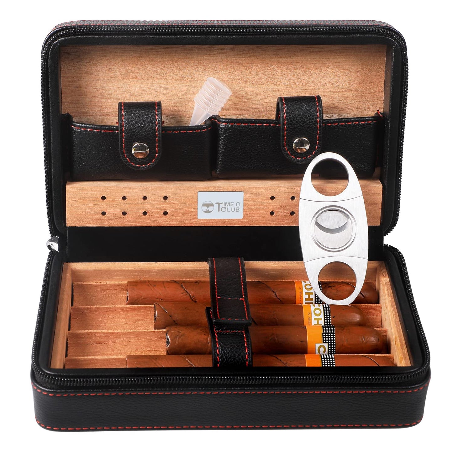 Time C club 4 Finger Portable Travel Cigar Case made of leather, Cigar Humidor with cigar cutter and humidifier, Best Man gift, Birthday gift, Father's Day gift