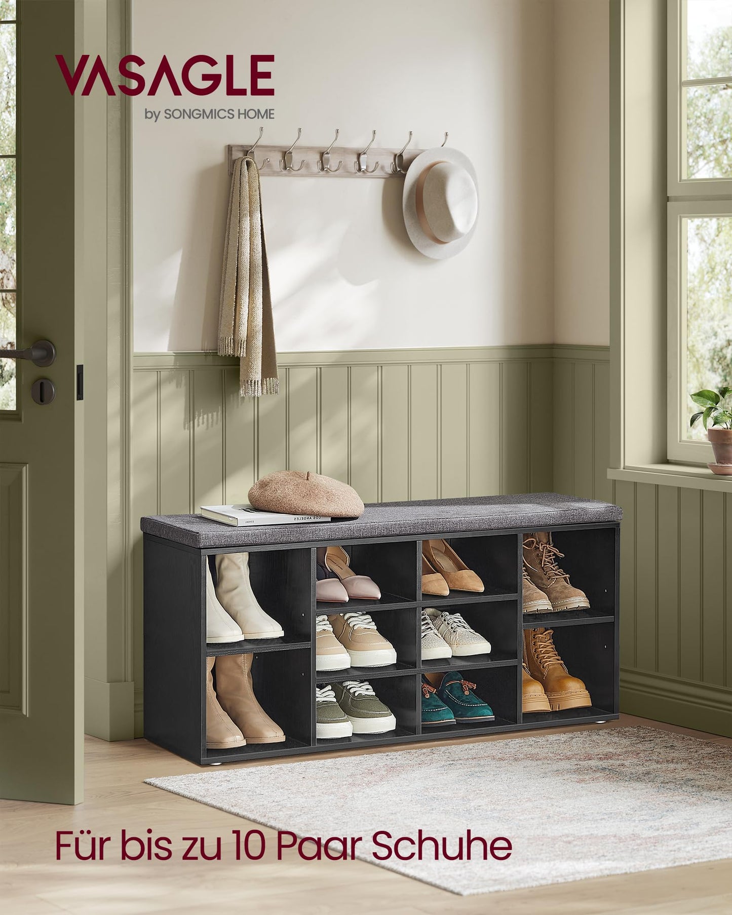 VASAGLE Shoe Bench, Shoe Rack with Seat, Storage Bench, well padded, Hallway Bench with 10 compartments, adjustable shelves, for Bedroom, 30 x 104 x 48 cm, black ebony LHS010B07