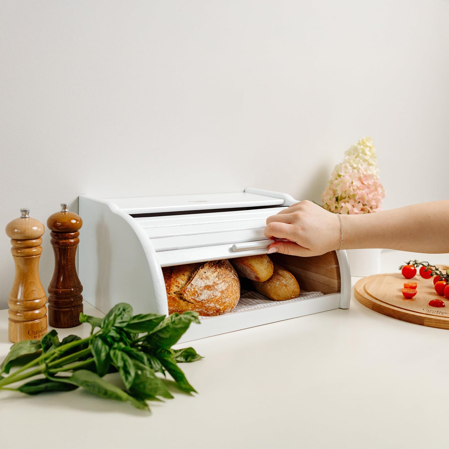 Creative Home White Bread Box Wood | 38 x 28.5 x 17.5cm (+/-1cm) | Perfect BreadBox for Bread Rolls Cakes | Bread Bin with Roll Lid | Natural Bread Storage| Bread Container for Any Kitchen