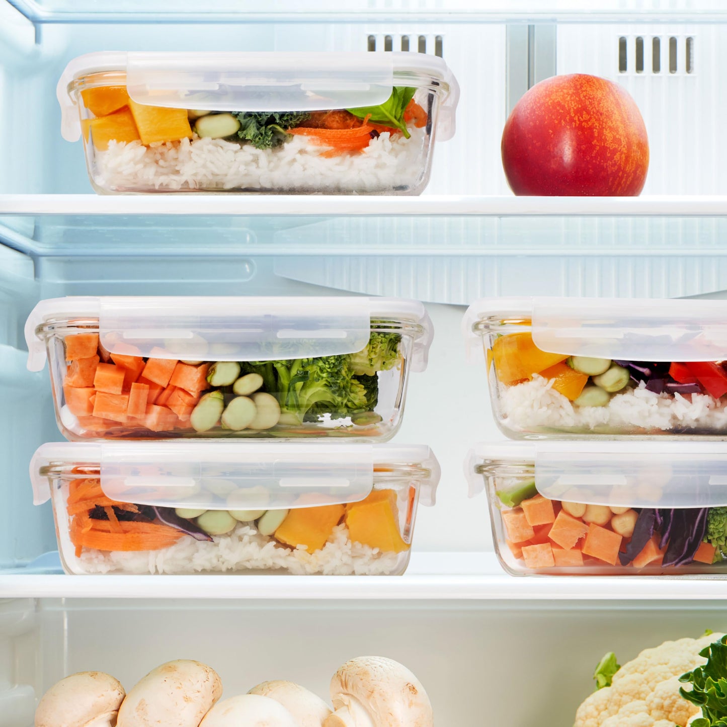 Igluu Meal Prep glass food storage containers with BPA-free lid (5-pack + 1 spare lid) - microwave, oven, freezer, dishwasher safe, leakproof - 840 ml - durable borosilicate glass.