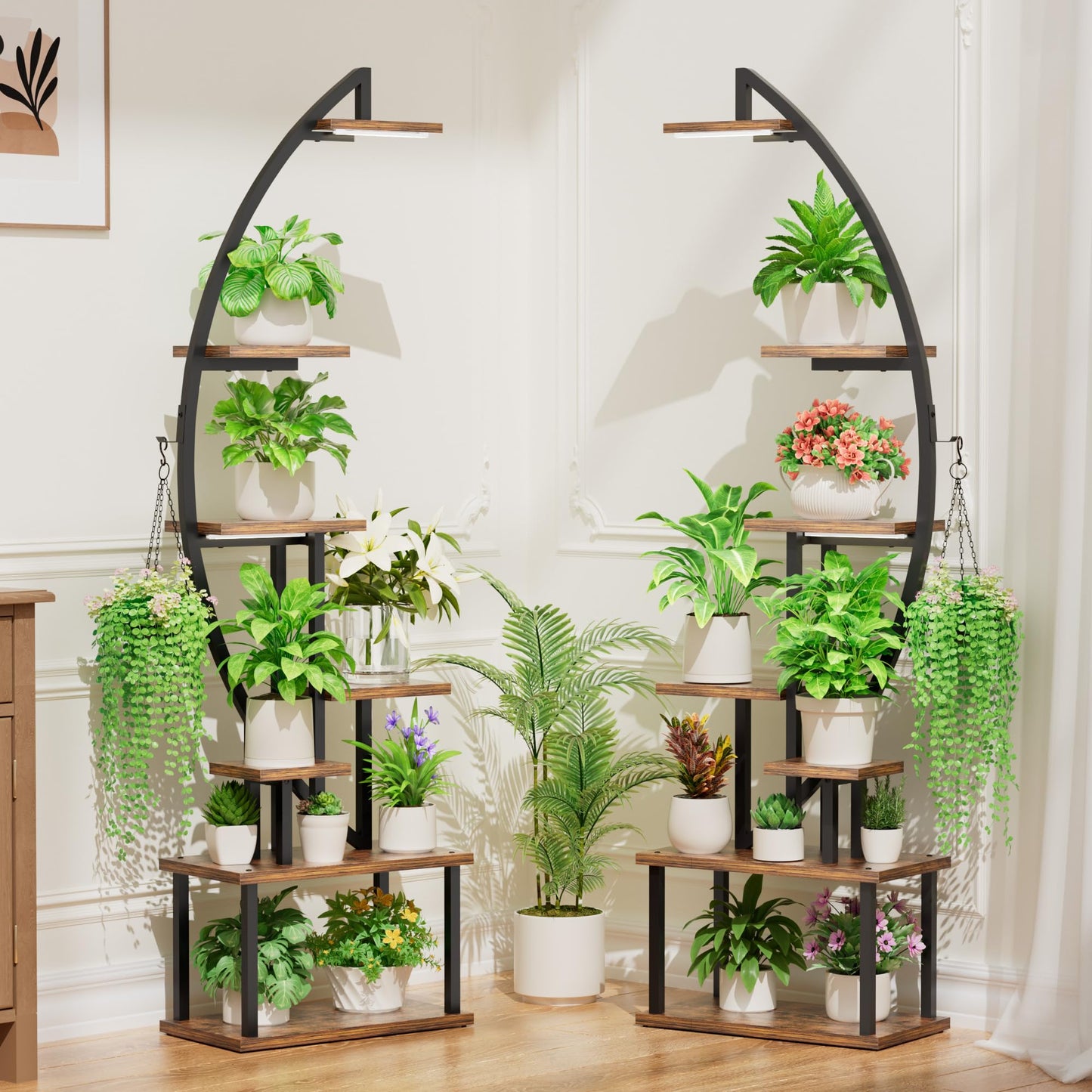 BACEKOLL Plant Stand with Grow Light - 7 Tier Flower Stand 165cm Metal Wood Plant Shelf - Indoor & Outdoor Flower Ladder - Decorative Black Plant Stand for Interior Garden Balcony 2 PACK