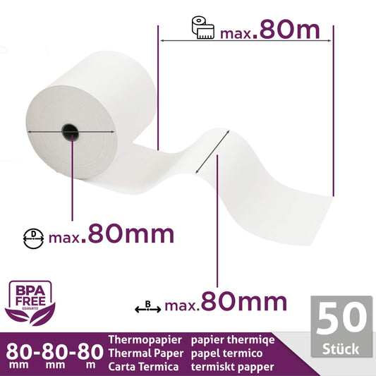 80mm x 80m x 12mm thermal rolls for cash registers with receipt printers, BPA-free thermal paper (50 rolls) - ideal for businesses.