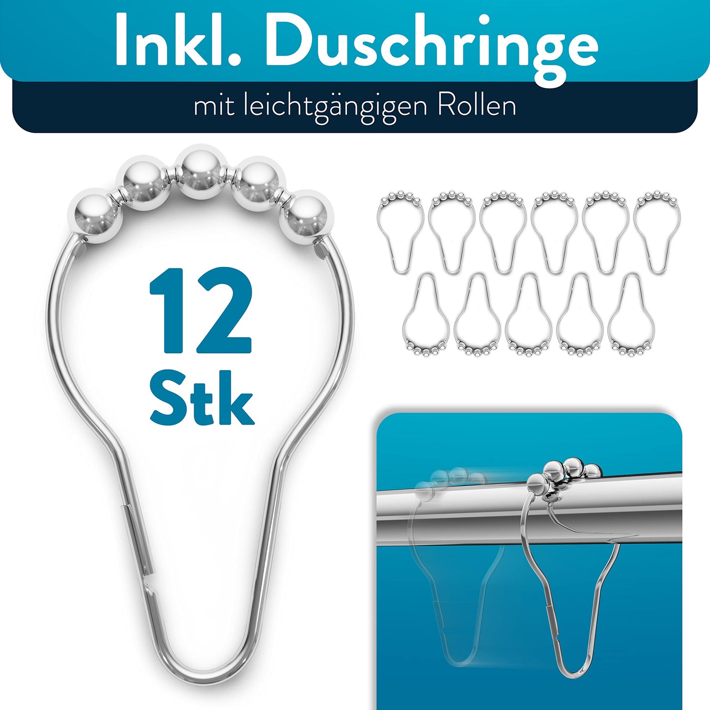 Benksteinยฎ extendable shower rod without drilling 125-220 cm - Stainless steel curtain rod with 12 rings - Telescopic tension rod stable curtain rod without drilling shower rod curtain rod without drilling