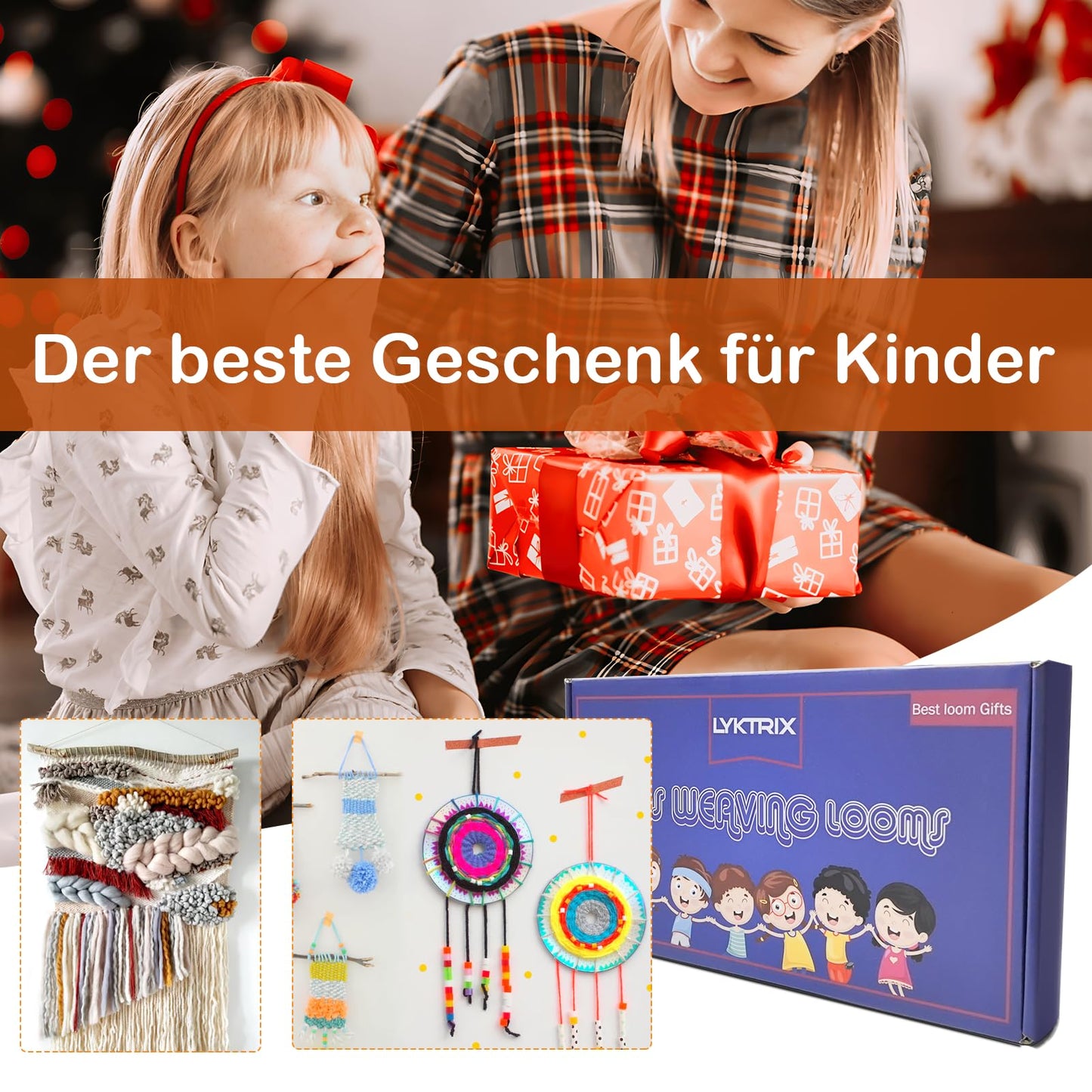 LYKTRIX Children's Wooden Loom Set, weaving frame for kids aged 4-12, includes 13 accessories (yarn, needle, weaving comb) for creating round/square wall hangings & coasters.