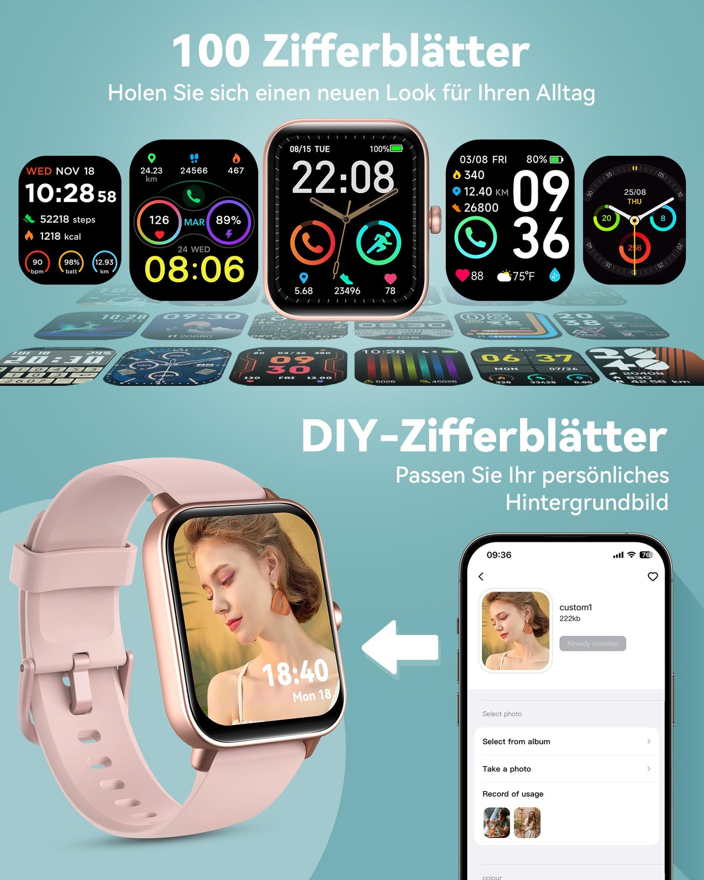 Women's smartwatch with phone-women's digital watch fitness tracker with EKG heart rate Bluetooth sleep monitor pulse meter sports watch waterproof with pedometer wristwatch for iOS Android (pink)