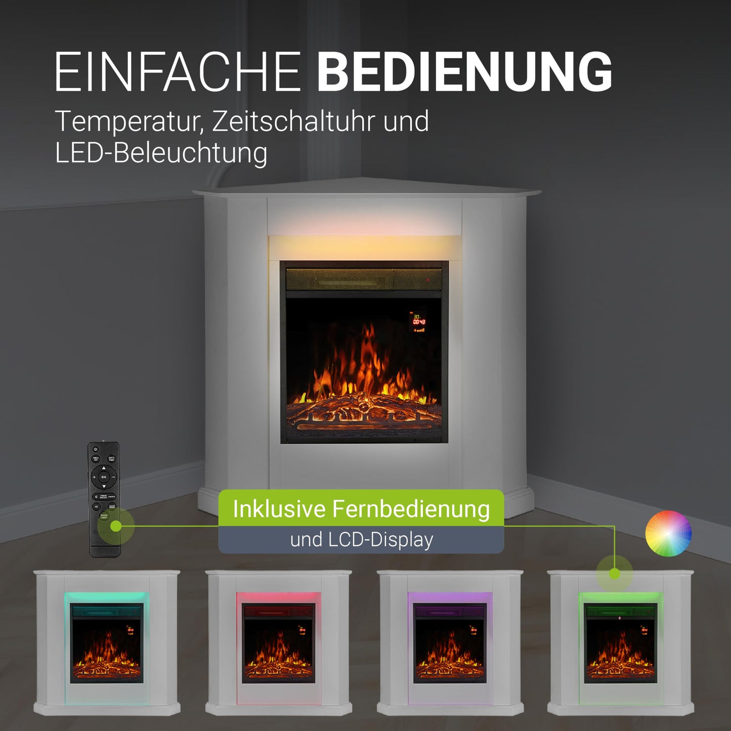 Juskys Electric Fireplace 1000 / 2000 W with heating, fireplace, flame effect, remote control, LED lighting & timer - Electric corner fireplace white