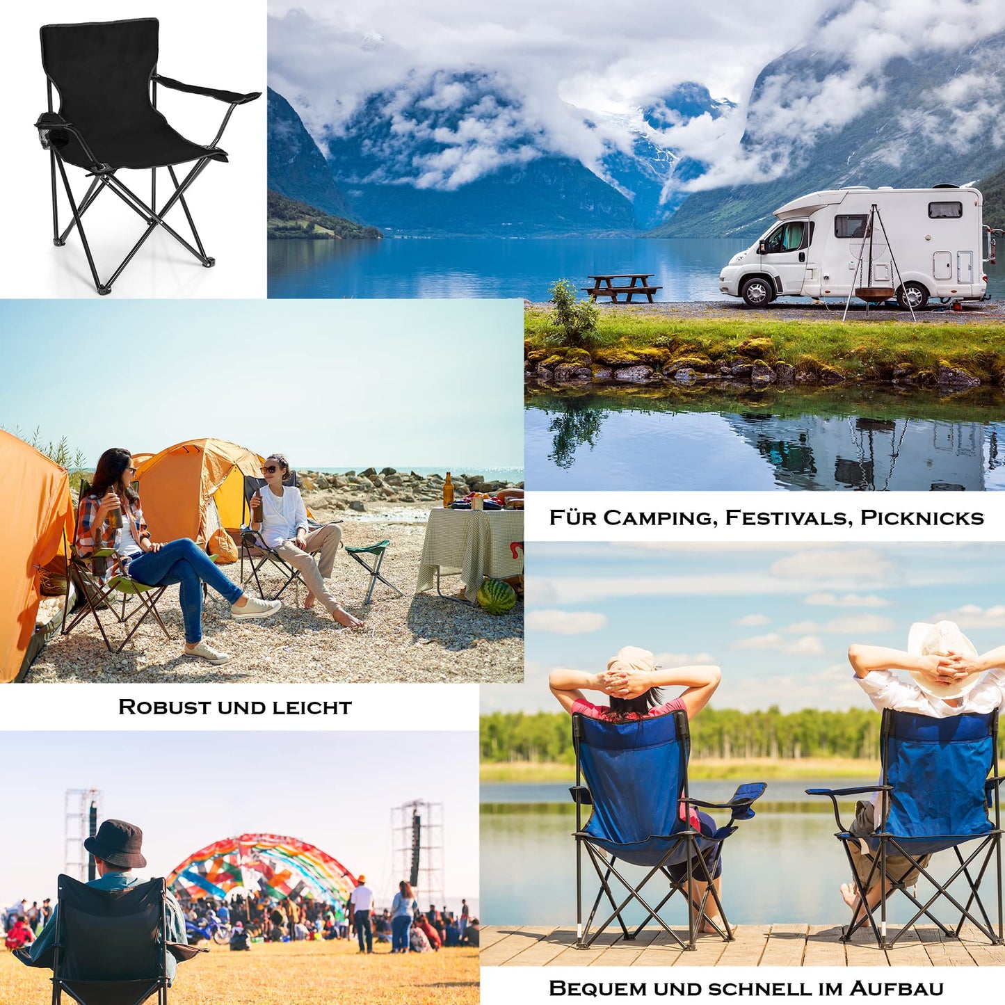 BigDean 2X Folding Chair DARK GRAY Camping Chair Angler Chair with Drink Holder & Carry Bag - Angler seat foldable - Folding Garden Chair Camping Chair Relaxing chair Angler chair foldable