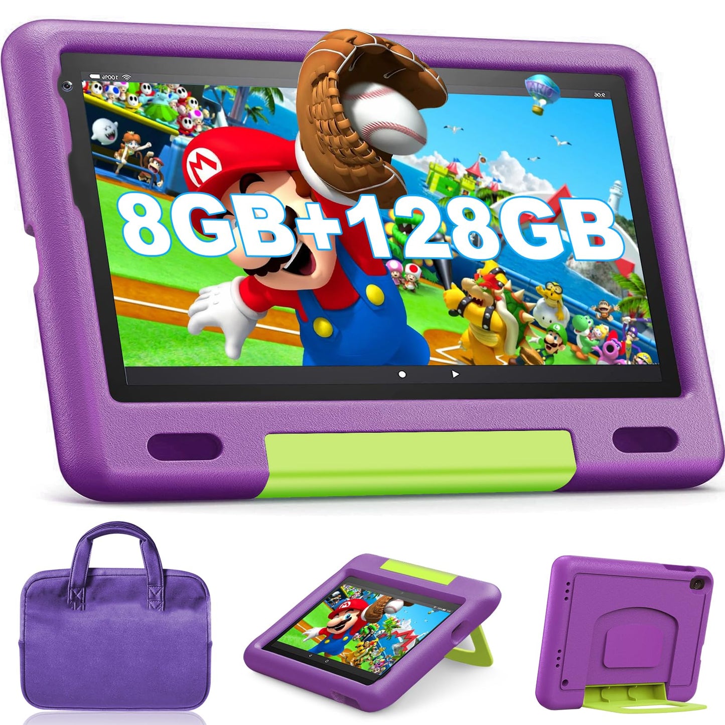 DUODUOGO Kids Tablet 9 Inch Android 12, 8GB RAM + 128GB ROM/TF 1TB, WiFi, 5000mAh, Kids Tablet with Parental Control, Kid Learning Games, Tablet for Kids 6+, with Cases, Computer Bag, Purple