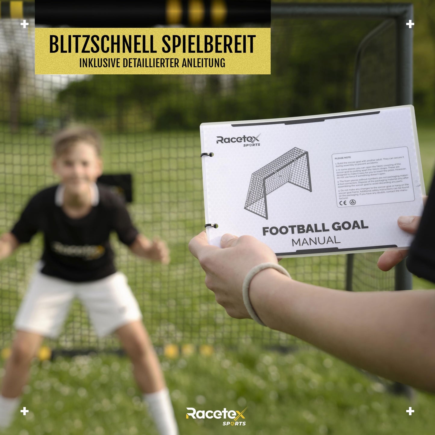 Racetex soccer goals for garden, kids, and adults with anti-rust coating. Includes ground anchors for optimal stability and padding all around (180cm x 120cm).