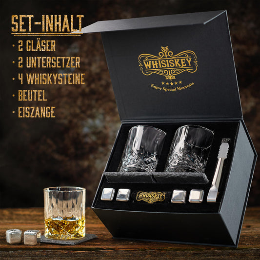 Whiskey Whiskey Glasses Set - Whiskey Gift Glass Set - Whiskey glasses - Gifts for Men - Men's gifts - Birthday gift for man - Gift box, 2 Rum glasses x 310ML, 4 Whiskey Stones