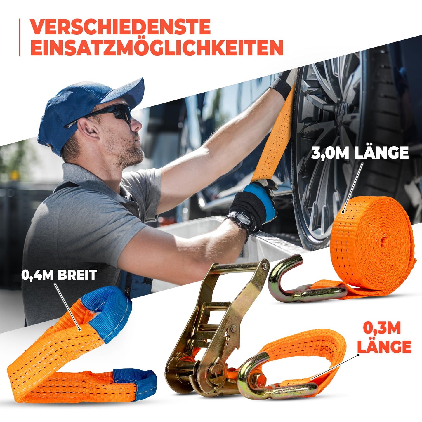 4 ratchet straps for car transport | 35mm | Length 3300mm | 3000 daN | lashing strap | wheel securing | car | tire strap | trailer | commercial vehicle | 35 mm